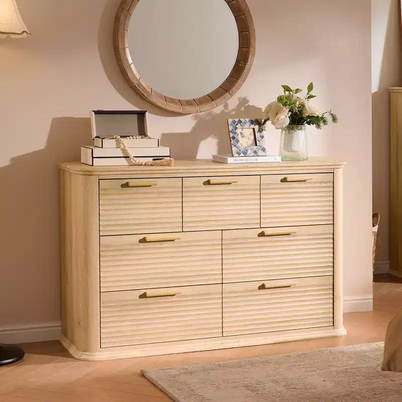 Fluted 52 Modern Wood Dresser with 7 Drawers, Curved Design for Living Room & Hallway Storage
