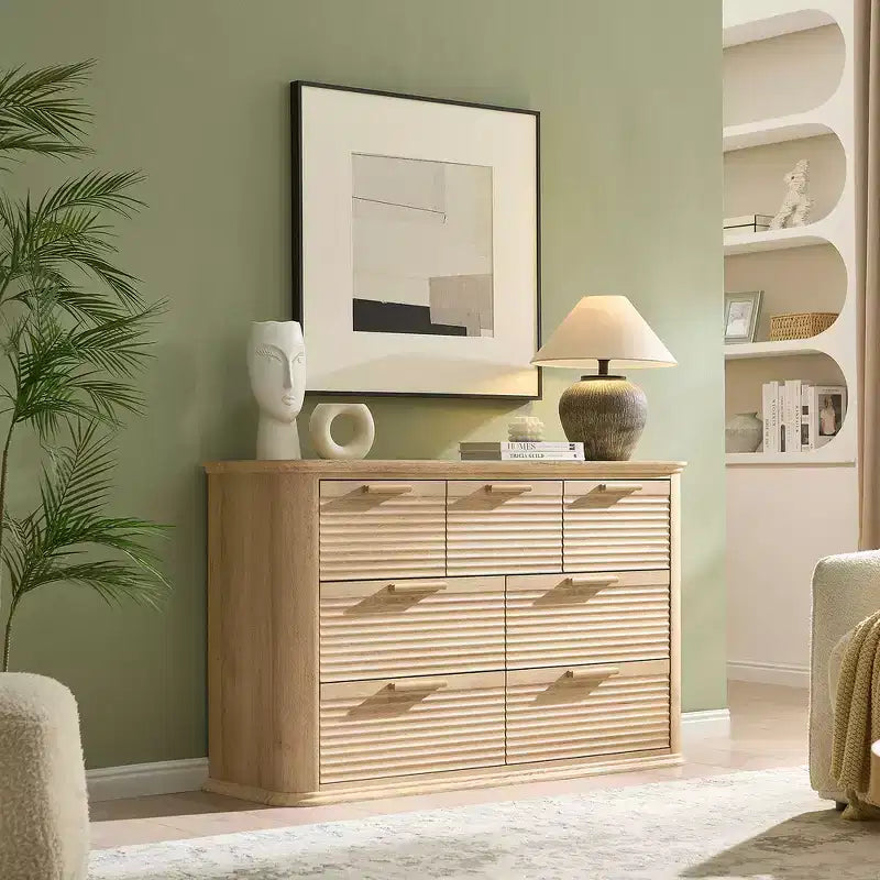 Fluted 52 Modern Wood Dresser with 7 Drawers, Curved Design for Living Room & Hallway Storage