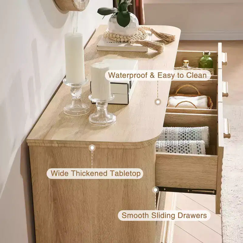 Fluted 52 Modern Wood Dresser with 7 Drawers, Curved Design for Living Room & Hallway Storage