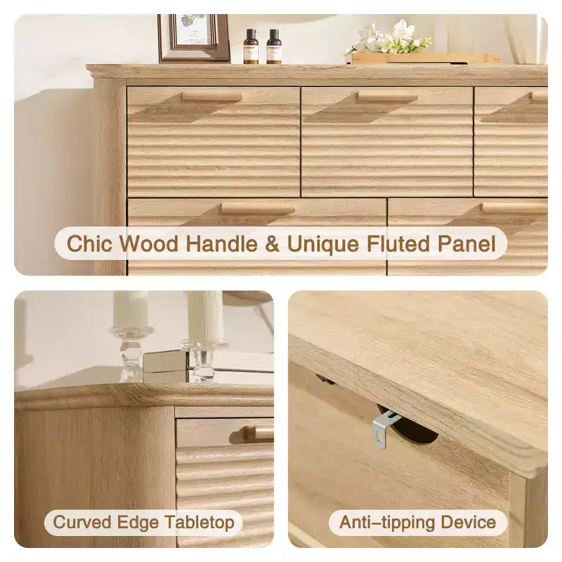 Fluted 52 Modern Wood Dresser with 7 Drawers, Curved Design for Living Room & Hallway Storage