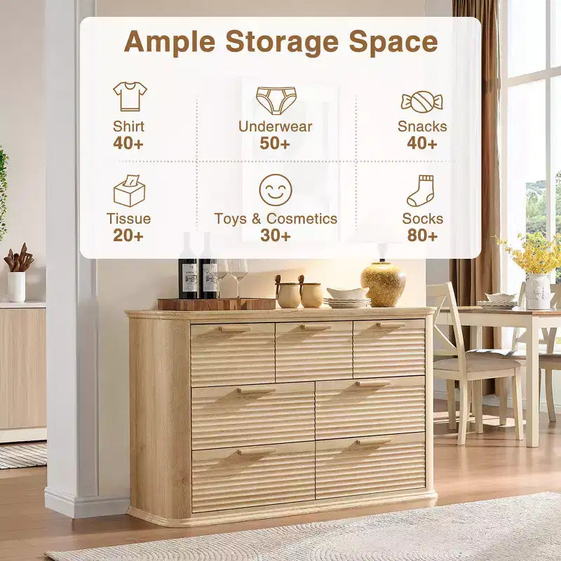 Fluted 52 Modern Wood Dresser with 7 Drawers, Curved Design for Living Room & Hallway Storage