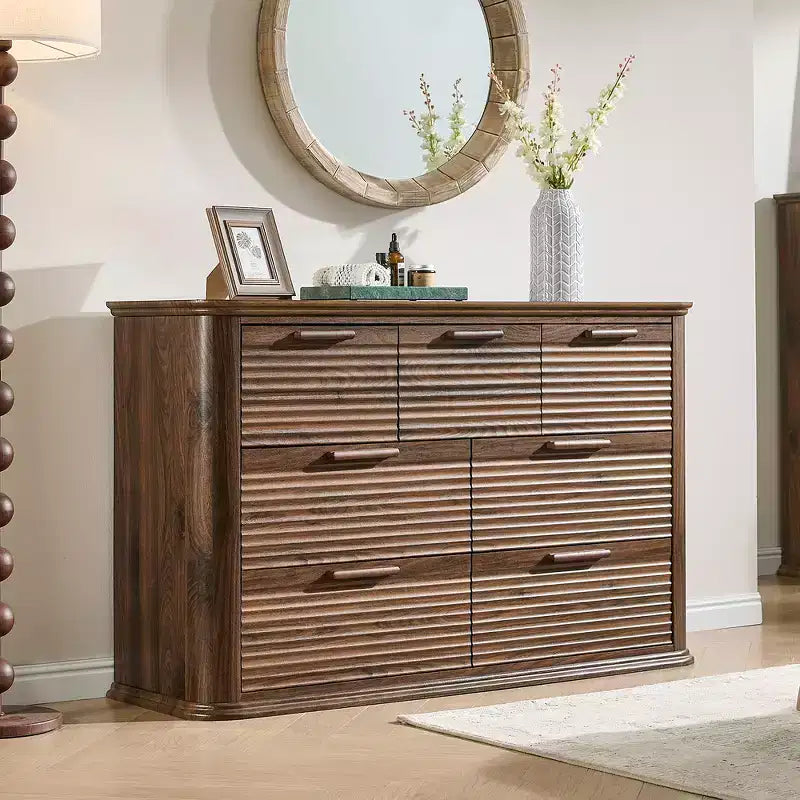 Fluted 52 Modern Wood Dresser with 7 Drawers, Curved Design for Living Room & Hallway Storage