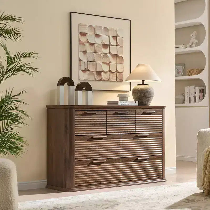 Fluted 52 Modern Wood Dresser with 7 Drawers, Curved Design for Living Room & Hallway Storage
