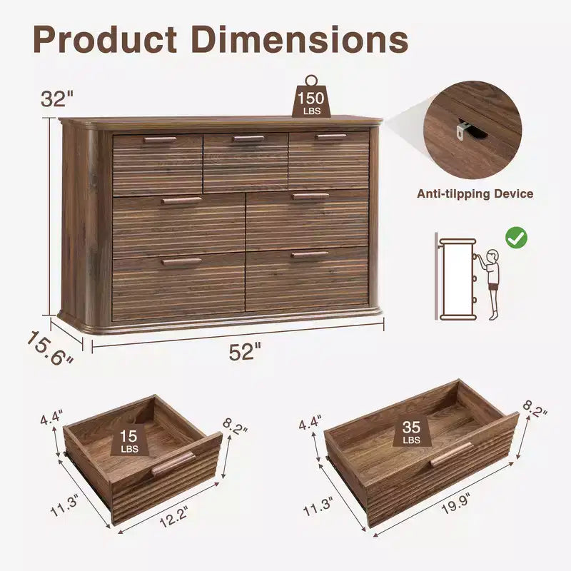 Fluted 52 Modern Wood Dresser with 7 Drawers, Curved Design for Living Room & Hallway Storage