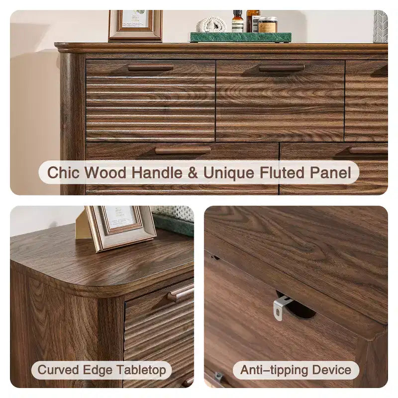 Fluted 52 Modern Wood Dresser with 7 Drawers, Curved Design for Living Room & Hallway Storage
