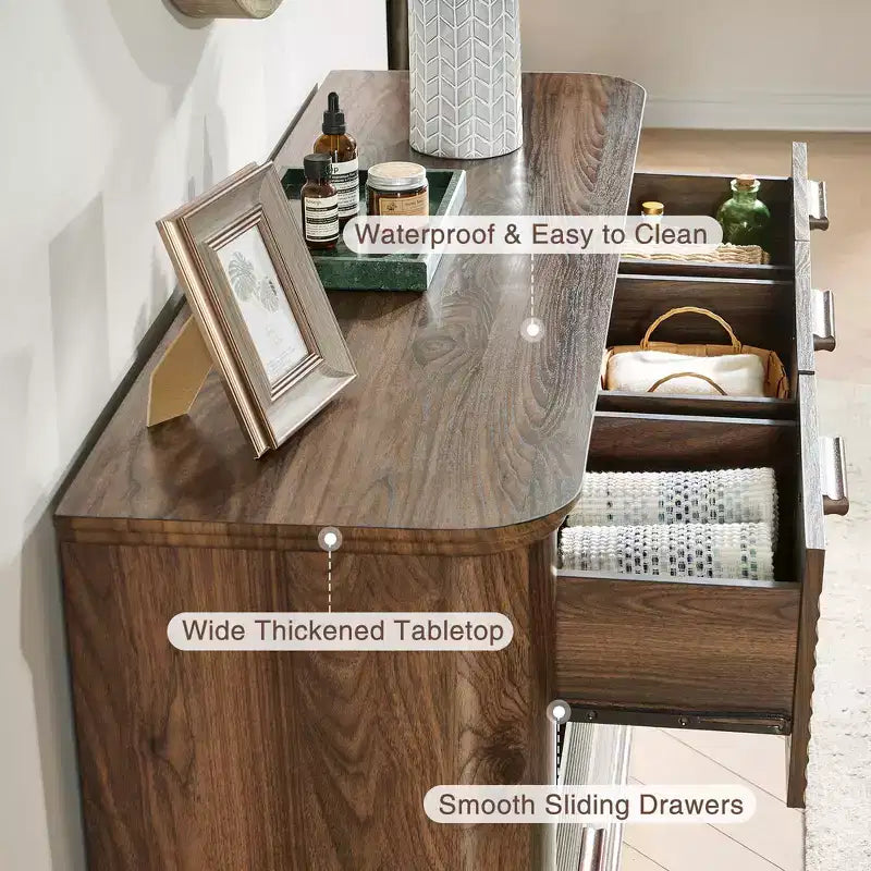 Fluted 52 Modern Wood Dresser with 7 Drawers, Curved Design for Living Room & Hallway Storage