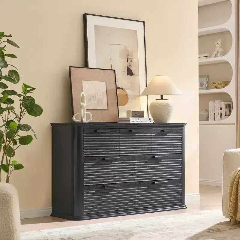 Fluted 52 Modern Wood Dresser with 7 Drawers, Curved Design for Living Room & Hallway Storage