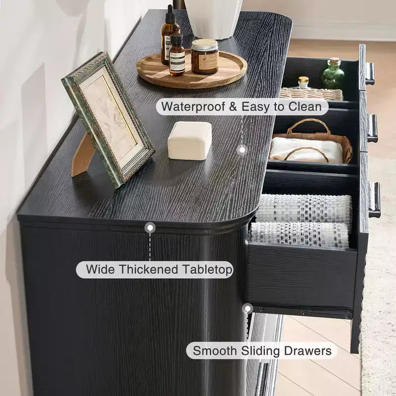 Fluted 52 Modern Wood Dresser with 7 Drawers, Curved Design for Living Room & Hallway Storage