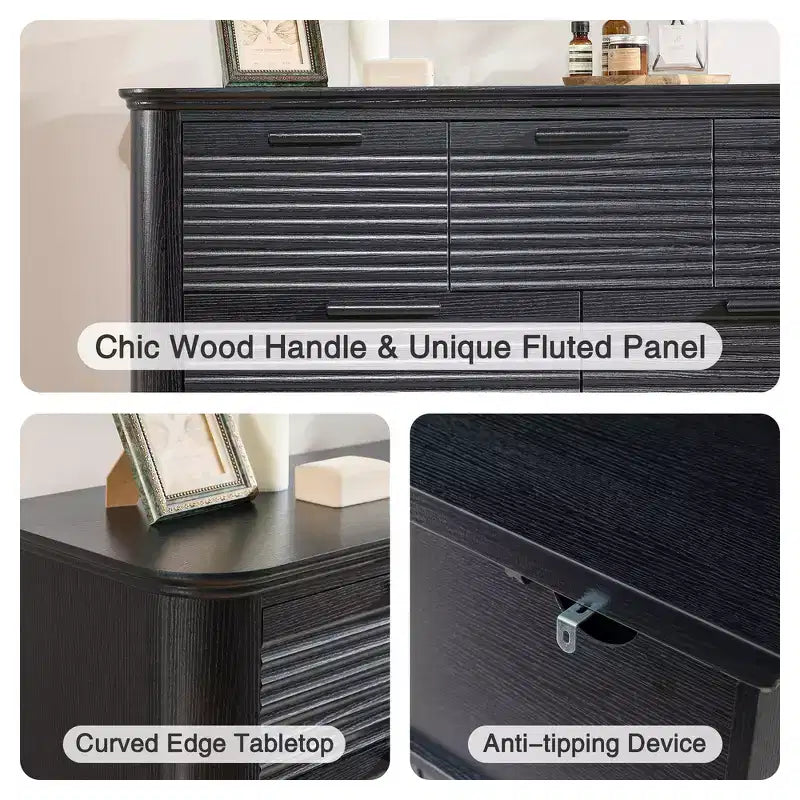 Fluted 52 Modern Wood Dresser with 7 Drawers, Curved Design for Living Room & Hallway Storage