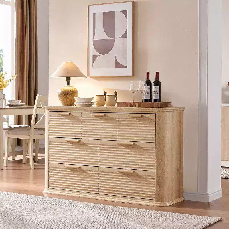 Fluted 52 Modern Wood Dresser with 7 Drawers, Curved Design for Living Room & Hallway Storage