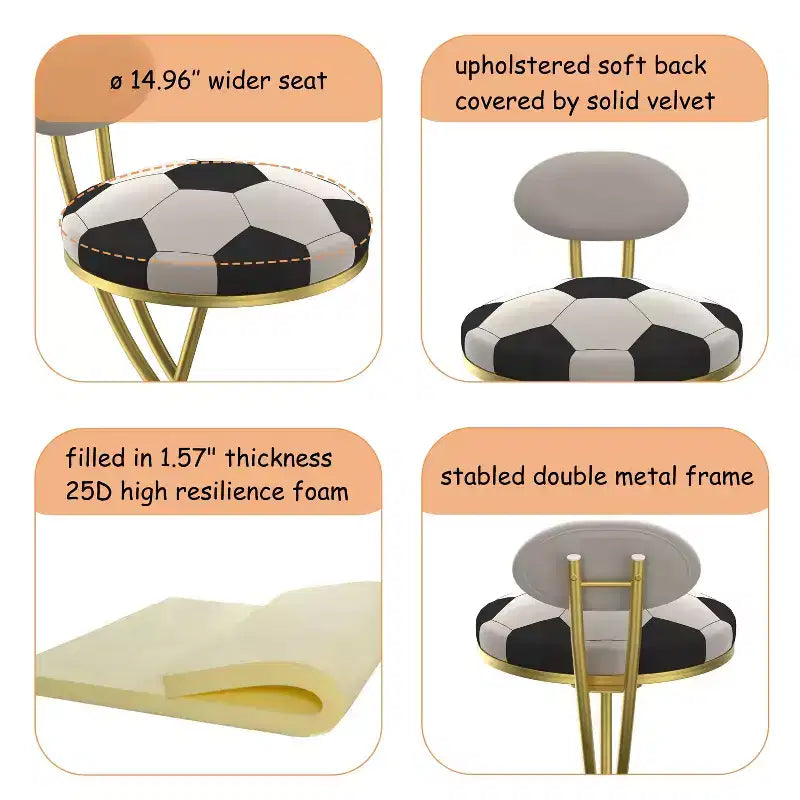 Set of 2 Football-Theme Metal Bar Stools,Counter Height Bar Chairs with S-Shaped Metal Frame & Round Cushion,Dining Chair for Kitchen,Bar