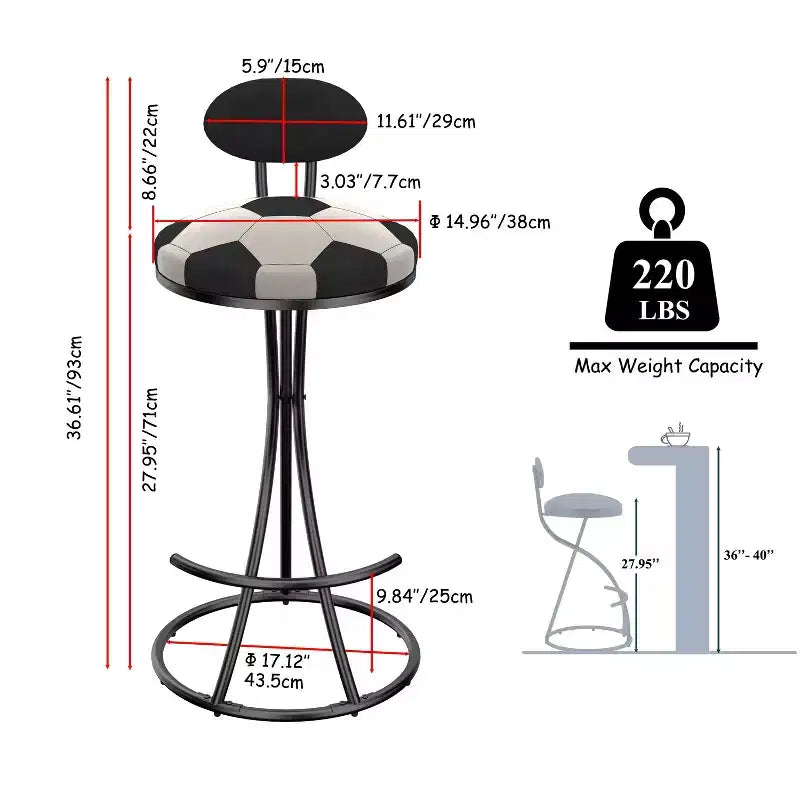 Set of 2 Football-Theme Metal Bar Stools,Counter Height Bar Chairs with S-Shaped Metal Frame & Round Cushion,Dining Chair for Kitchen,Bar