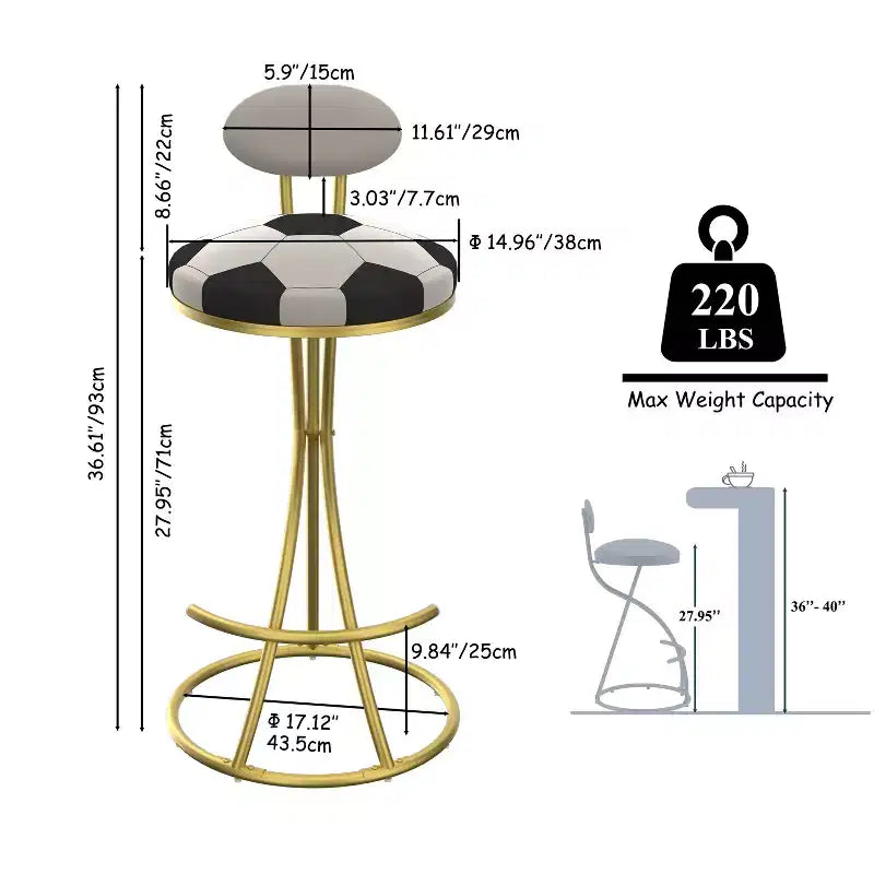 Set of 2 Football-Theme Metal Bar Stools,Counter Height Bar Chairs with S-Shaped Metal Frame & Round Cushion,Dining Chair for Kitchen,Bar