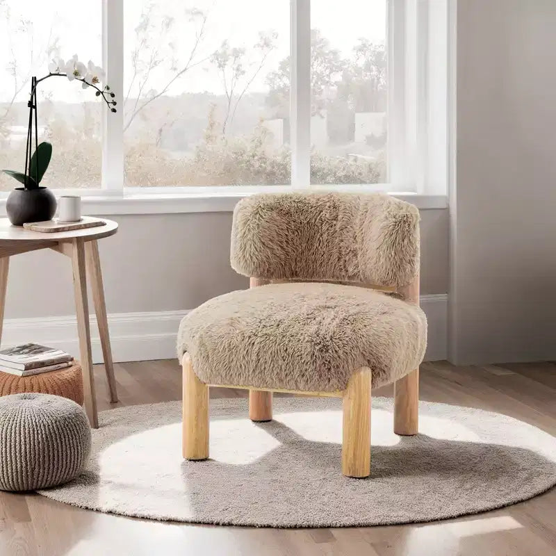 Modern Accent Chair,Armless Chairs with Curved Backrest,Wooden Legs,Fur Fabric Upholstered Lounge Chair for Living Room,Bedroom,Balcony