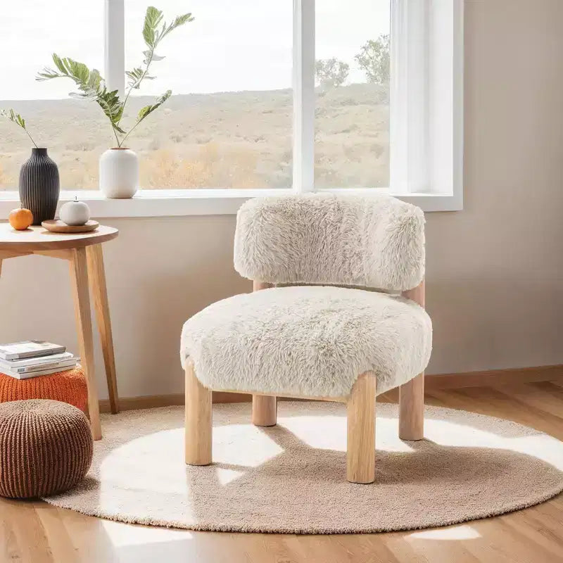 Modern Accent Chair,Armless Chairs with Curved Backrest,Wooden Legs,Fur Fabric Upholstered Lounge Chair for Living Room,Bedroom,Balcony