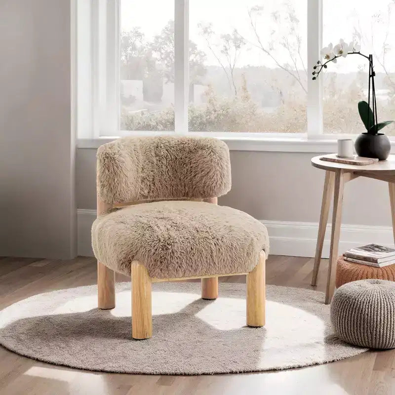 Modern Accent Chair,Armless Chairs with Curved Backrest,Wooden Legs,Fur Fabric Upholstered Lounge Chair for Living Room,Bedroom,Balcony