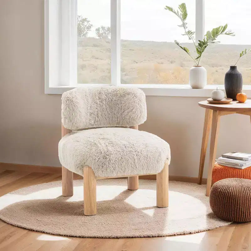 TUYOHW Modern Accent Chair,Armless Chairs with Curved Backrest,Wooden Legs,Fur Fabric Upholstered Lounge Chair for Living Room,Bedroom,Balcony