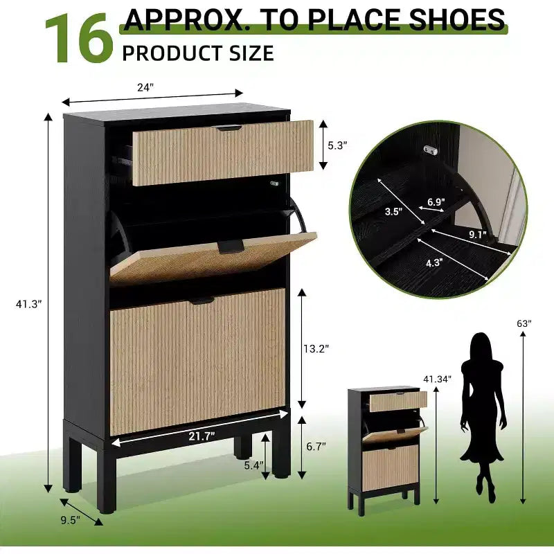 Shoe Cabinet Storage for Entryway, Freestanding Shoe Organizer with 2 Flip Fluted Doors and 1 Drawer
