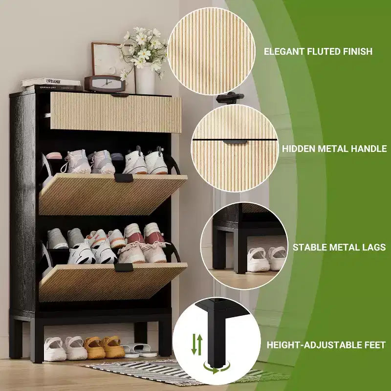 Shoe Cabinet Storage for Entryway, Freestanding Shoe Organizer with 2 Flip Fluted Doors and 1 Drawer