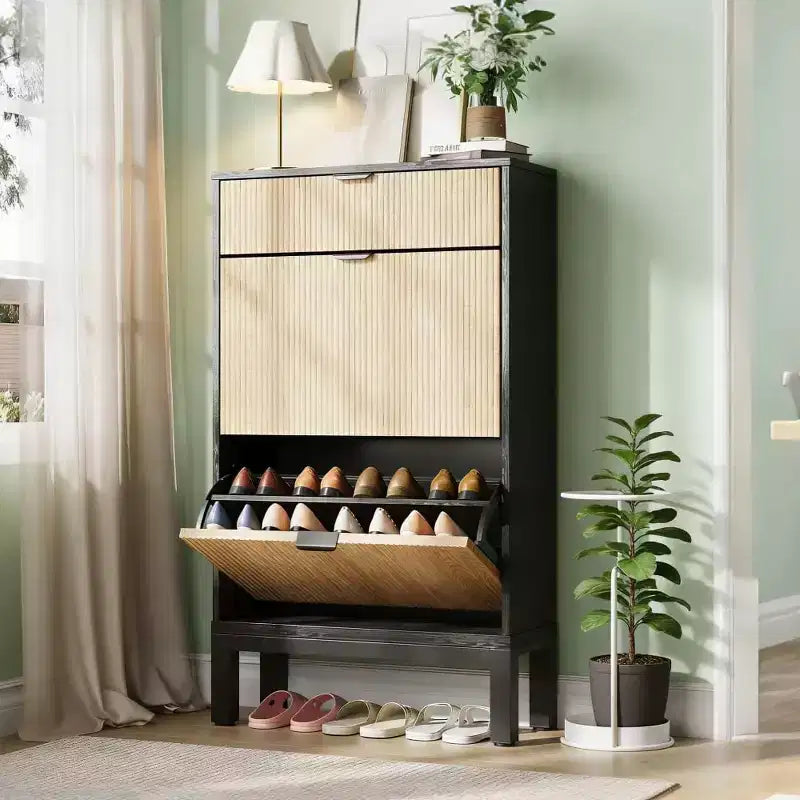 Shoe Cabinet Storage for Entryway, Freestanding Shoe Organizer with 2 Flip Fluted Doors and 1 Drawer