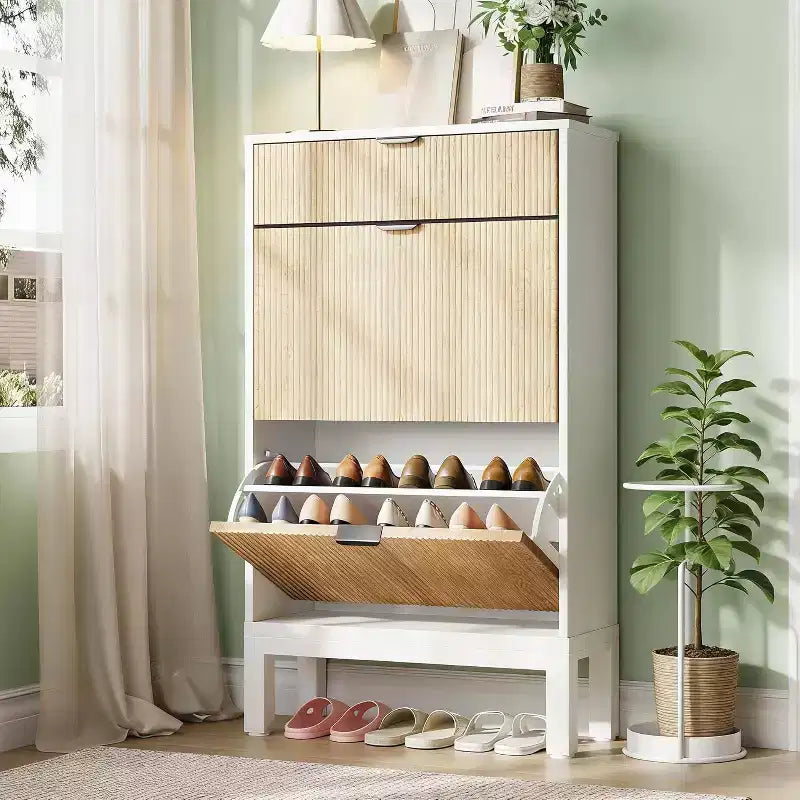 Shoe Cabinet Storage for Entryway, Freestanding Shoe Organizer with 2 Flip Fluted Doors and 1 Drawer