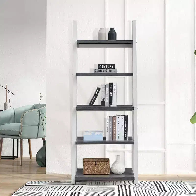 Étagère échelle à 5 niveaux, meuble de rangement avec cadre en bois d'hévéa, bibliothèque pour chambre, salon, bureau, cuisine