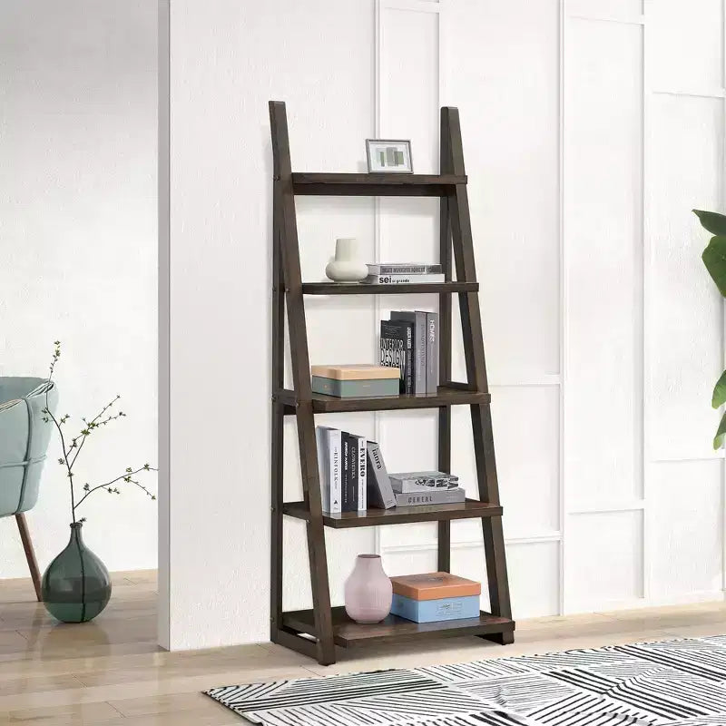TUYOHW 5-Tier Ladder Shelf,Storage Rack with Rubberwood Frame,Bookcase for Bedroom,Living Room,Home Office,Kitchen