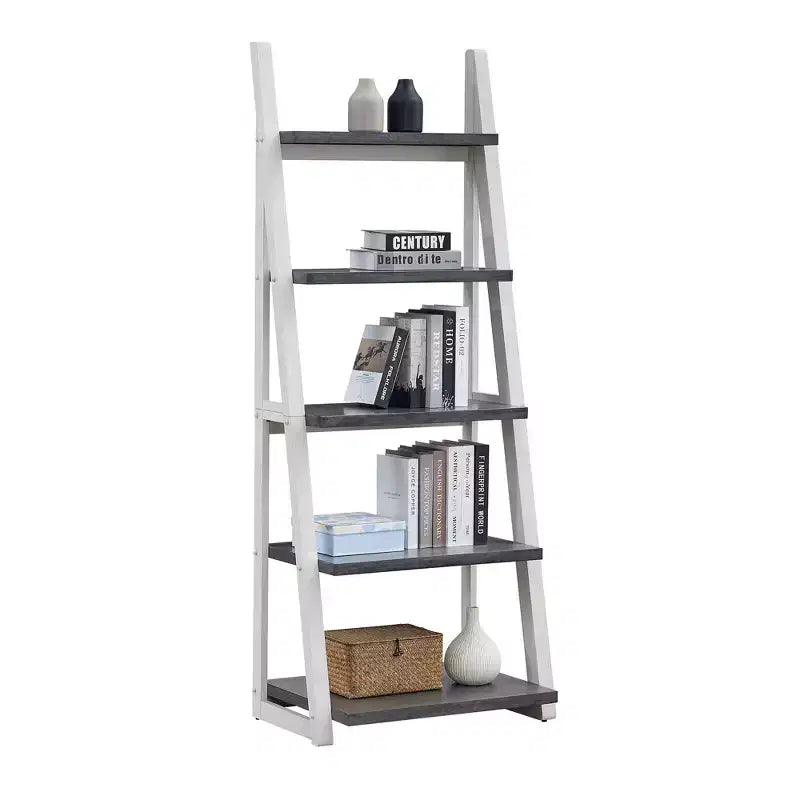 5-Tier Ladder Shelf,Storage Rack with Rubberwood Frame,Bookcase for Bedroom,Living Room,Home Office,Kitchen