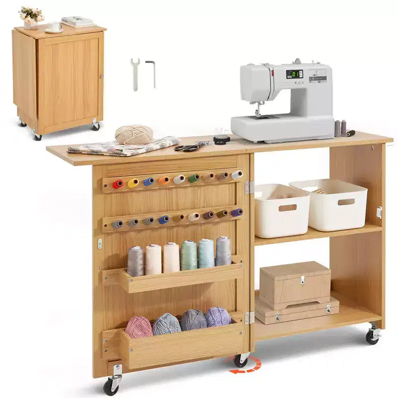 VEVOR Folding Sewing Table, Multipurpose Sewing Machine Table with Compact Design, Wheels, Shelves, Storage Trays, Wooden Pegs, Wood Color