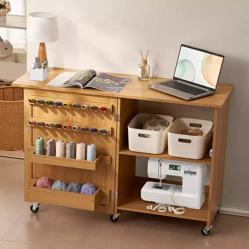 Folding Sewing Table, Multipurpose Sewing Machine Table with Compact Design, Wheels, Shelves, Storage Trays, Wooden Pegs, Wood Color