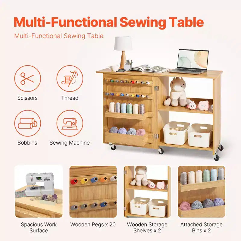 Folding Sewing Table, Multipurpose Sewing Machine Table with Compact Design, Wheels, Shelves, Storage Trays, Wooden Pegs, Wood Color