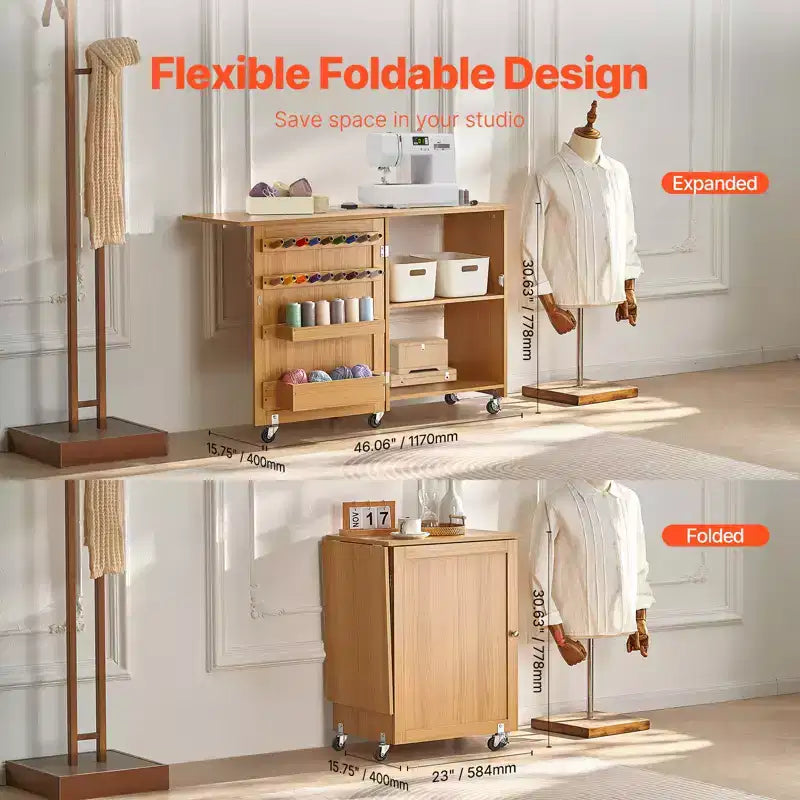 Folding Sewing Table, Multipurpose Sewing Machine Table with Compact Design, Wheels, Shelves, Storage Trays, Wooden Pegs, Wood Color