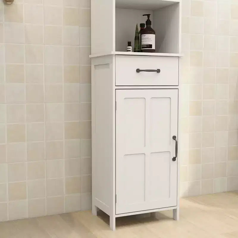 Tall Bathroom Storage Cabinet With Adjustable Shelves And Open Shelves, Slim Floor Standing Cabinet With 1 Door And 1 Drawer, Narrow Cabinet White