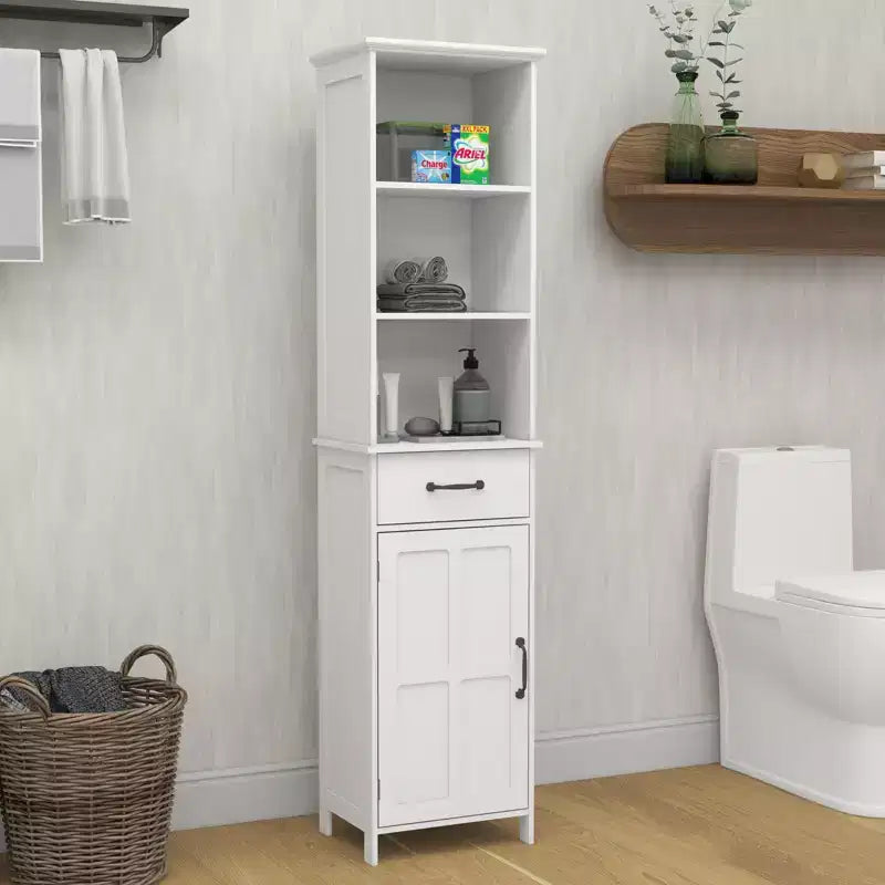 Tall Bathroom Storage Cabinet With Adjustable Shelves And Open Shelves, Slim Floor Standing Cabinet With 1 Door And 1 Drawer, Narrow Cabinet White