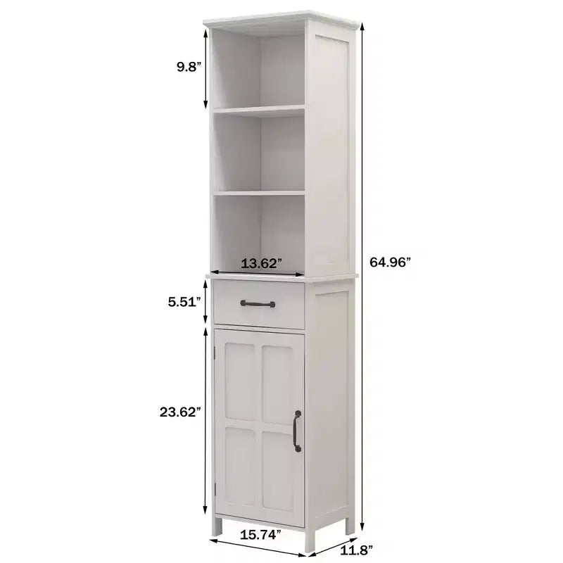 Tall Bathroom Storage Cabinet With Adjustable Shelves And Open Shelves, Slim Floor Standing Cabinet With 1 Door And 1 Drawer, Narrow Cabinet White