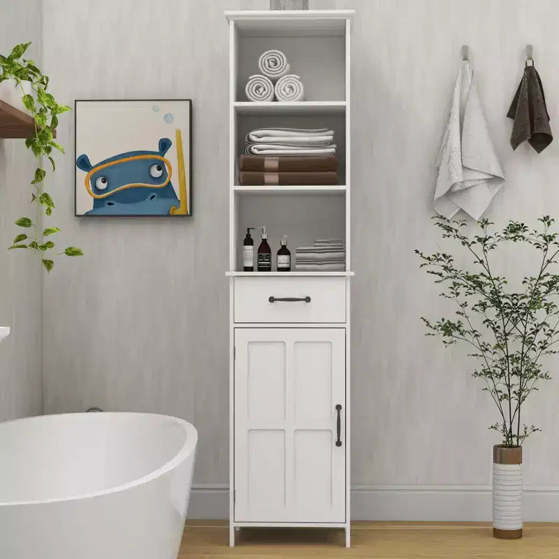 Tall Bathroom Storage Cabinet With Adjustable Shelves And Open Shelves, Slim Floor Standing Cabinet With 1 Door And 1 Drawer, Narrow Cabinet White