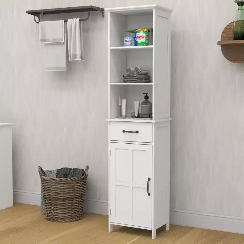 Tall Bathroom Storage Cabinet With Adjustable Shelves And Open Shelves, Slim Floor Standing Cabinet With 1 Door And 1 Drawer, Narrow Cabinet White