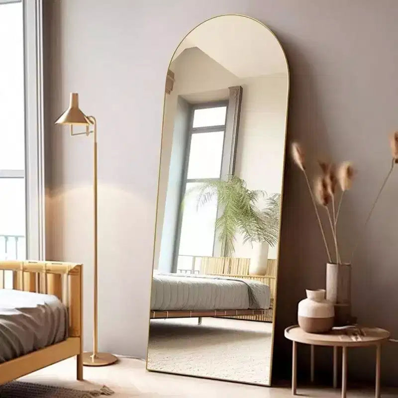 58x18 Gold Arched Mirror with Stand. Freestanding Full Length Floor Mirror Featuring a Lightweight Aluminum Frame