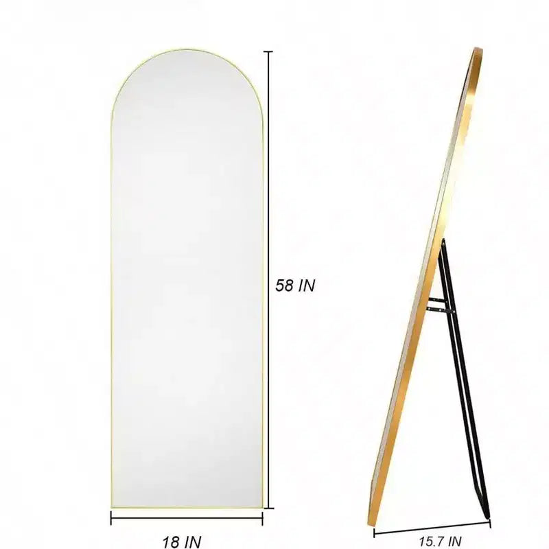 58x18 Gold Arched Mirror with Stand. Freestanding Full Length Floor Mirror Featuring a Lightweight Aluminum Frame