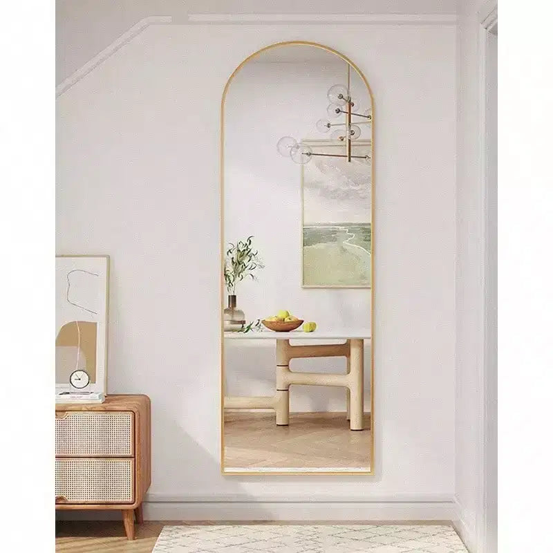 58x18 Gold Arched Mirror with Stand. Freestanding Full Length Floor Mirror Featuring a Lightweight Aluminum Frame