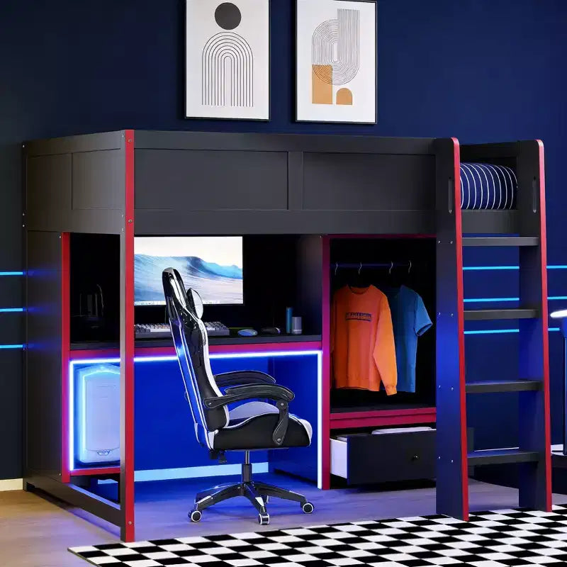 Luxystar Full Size Wood Gaming Loft Bed with Built-in Desk, Wardrobe, LED and Drawer, Black+Red