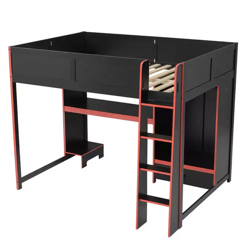 Lit superposé mi-hauteur de jeu en bois pleine grandeur avec bureau intégré, armoire, LED et tiroir, noir+rouge
