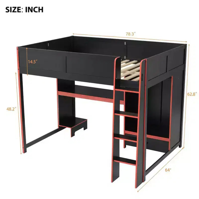 Full Size Wood Gaming Loft Bed with Built-in Desk, Wardrobe, LED and Drawer, Black+Red
