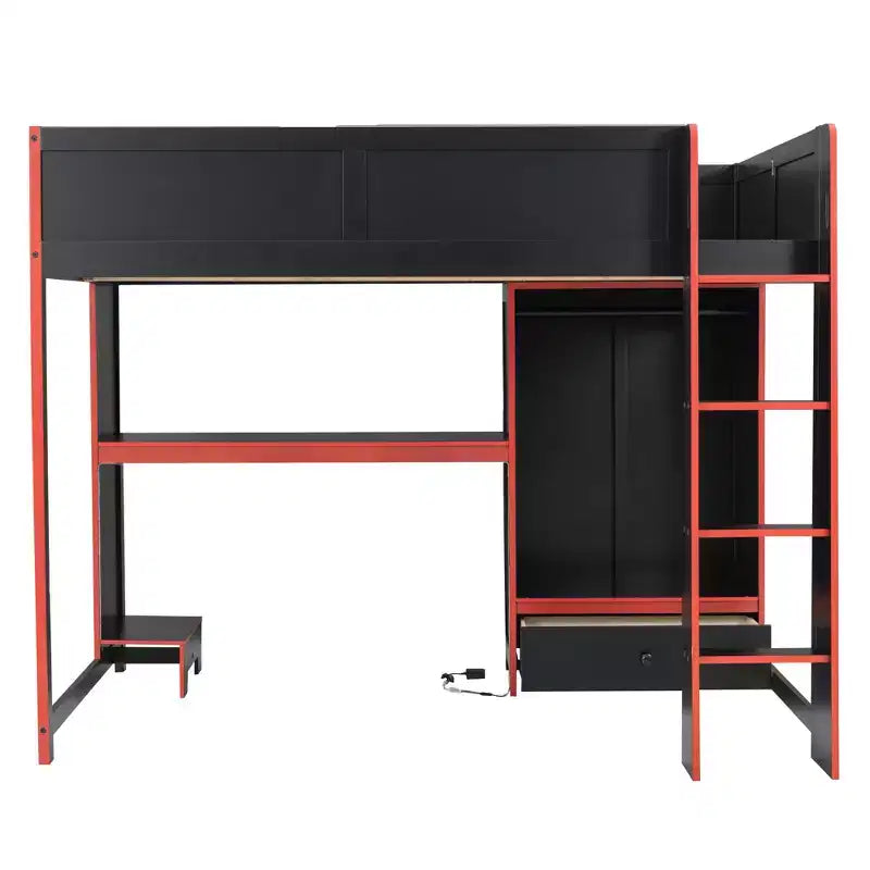 Full Size Wood Gaming Loft Bed with Built-in Desk, Wardrobe, LED and Drawer, Black+Red