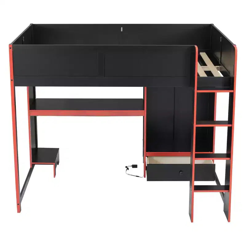 Full Size Wood Gaming Loft Bed with Built-in Desk, Wardrobe, LED and Drawer, Black+Red