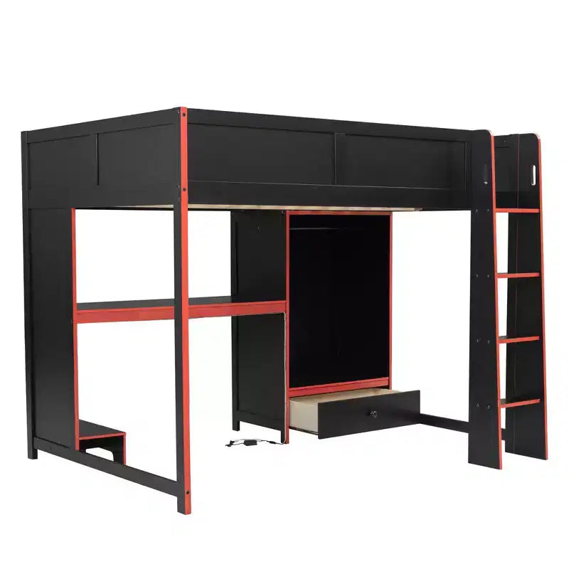 Full Size Wood Gaming Loft Bed with Built-in Desk, Wardrobe, LED and Drawer, Black+Red