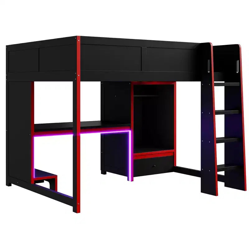 Lit superposé mi-hauteur de jeu en bois pleine grandeur avec bureau intégré, armoire, LED et tiroir, noir+rouge