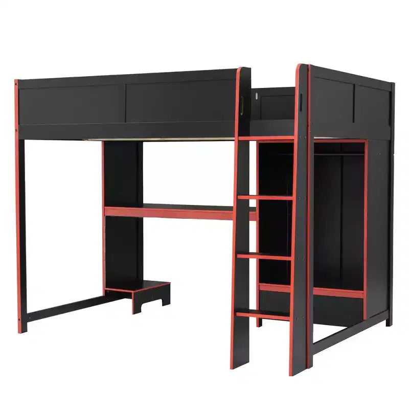 Lit superposé mi-hauteur de jeu en bois pleine grandeur avec bureau intégré, armoire, LED et tiroir, noir+rouge