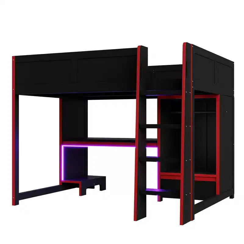 Lit superposé mi-hauteur de jeu en bois pleine grandeur avec bureau intégré, armoire, LED et tiroir, noir+rouge