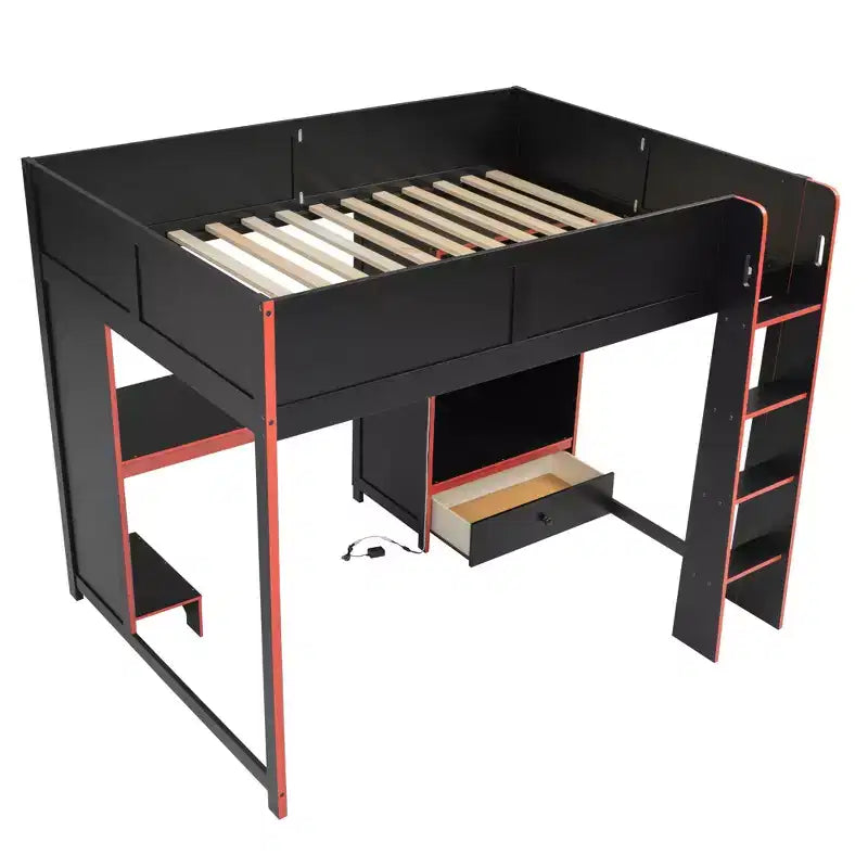 Lit superposé mi-hauteur de jeu en bois pleine grandeur avec bureau intégré, armoire, LED et tiroir, noir+rouge